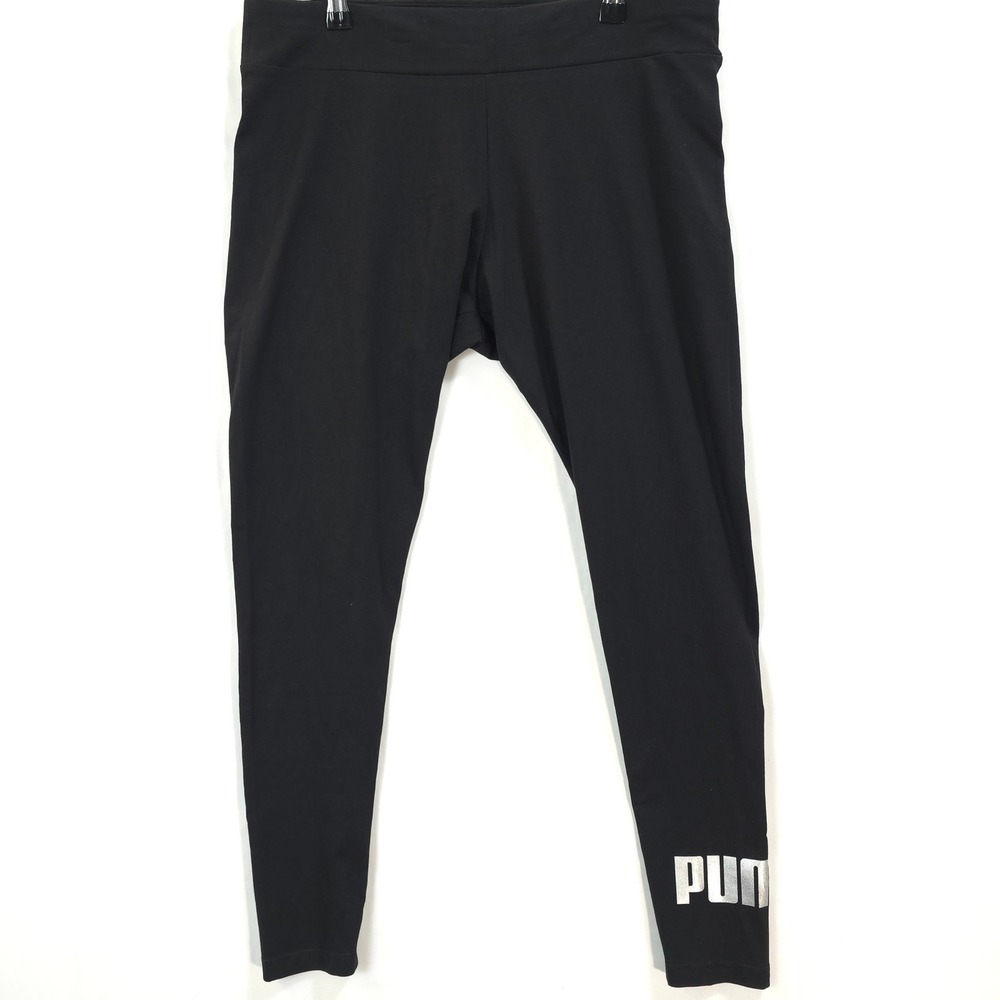Puma Cropped Leggings Womens L Tight Fit Silver Metallic Logo Black Athleisure